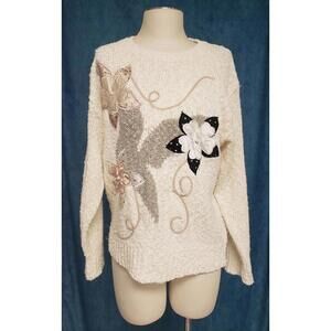 Vintage Honors Women's Ivory Floral Patched Embroidered Knitted Sweater, Sz S